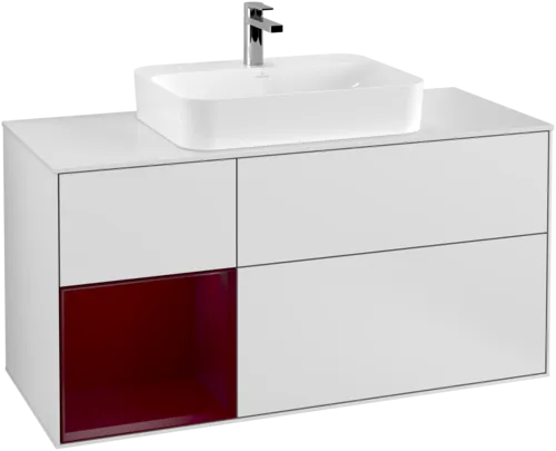 VILLEROY BOCH Toaletní skříňka Finion, s osvětlením, 3 výsuvy, 1200 x 603 x 501 mm, bílý matný lak / pivoňkový matný lak / sklo bílé matné #F411HBMT, obrázek 1