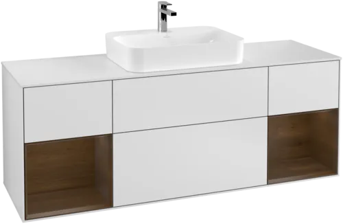 VILLEROY BOCH Toaletní skříňka Finion, s osvětlením, 4 výsuvy, 1600 x 603 x 501 mm, bílý matný lak / ořechová dýha / sklo bílé matné #F451GNMT