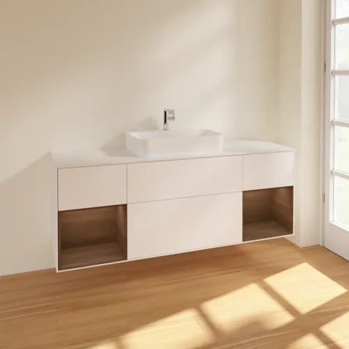 VILLEROY BOCH Toaletní skříňka Finion, s osvětlením, 4 výsuvy, 1600 x 603 x 501 mm, bílý matný lak / ořechová dýha / sklo bílé matné #F451GNMT, obrázek 2