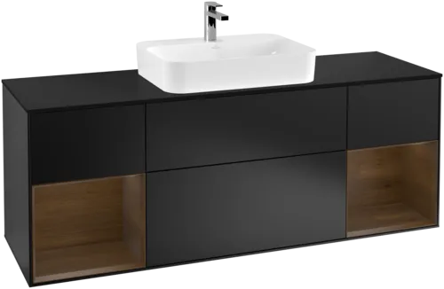 VILLEROY BOCH Toaletní skříňka Finion, s osvětlením, 4 výsuvy, 1600 x 603 x 501 mm, černý matný lak / ořechová dýha / černé matné sklo #F452GNPD