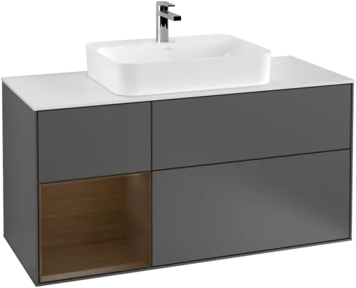 VILLEROY BOCH Toaletní skříňka Finion, s osvětlením, 3 výsuvy, 1200 x 603 x 501 mm, antracit matný lak / ořechová dýha / sklo bílé matné #F411GNGK, obrázek 1