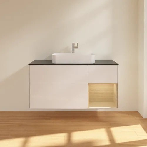 VILLEROY BOCH Toaletní skříňka Finion, s osvětlením, 3 výsuvy, 1200 x 603 x 501 mm, lesklý bílý lak / dubová dýha / černé matné sklo #F422PCGF, obrázek 3