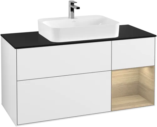 VILLEROY BOCH Toaletní skříňka Finion, s osvětlením, 3 výsuvy, 1200 x 603 x 501 mm, lesklý bílý lak / dubová dýha / černé matné sklo #F422PCGF, obrázek 1