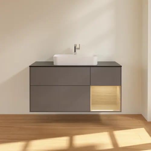 VILLEROY BOCH Toaletní skříňka Finion, s osvětlením, 3 výsuvy, 1200 x 603 x 501 mm, antracitový matný lak / dubová dýha / černé matné sklo #F422PCGK, obrázek 3