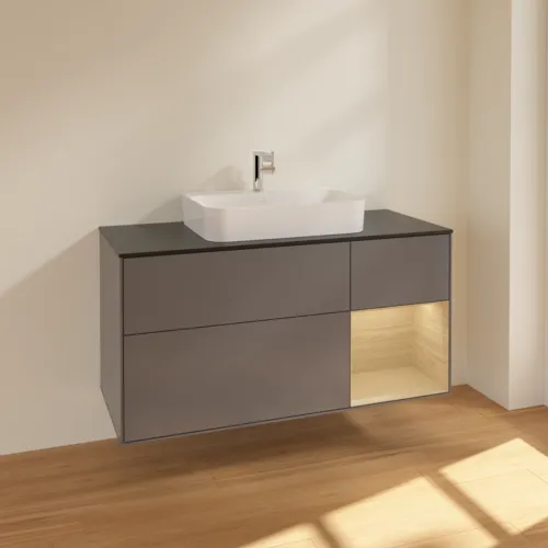 VILLEROY BOCH Toaletní skříňka Finion, s osvětlením, 3 výsuvy, 1200 x 603 x 501 mm, antracitový matný lak / dubová dýha / černé matné sklo #F422PCGK, obrázek 2
