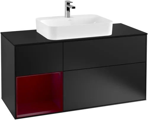 VILLEROY BOCH Toaletní skříňka Finion, s osvětlením, 3 výsuvy, 1200 x 603 x 501 mm, černý matný lak / pivoňkový matný lak / černé matné sklo #F412HBPD, obrázek 1
