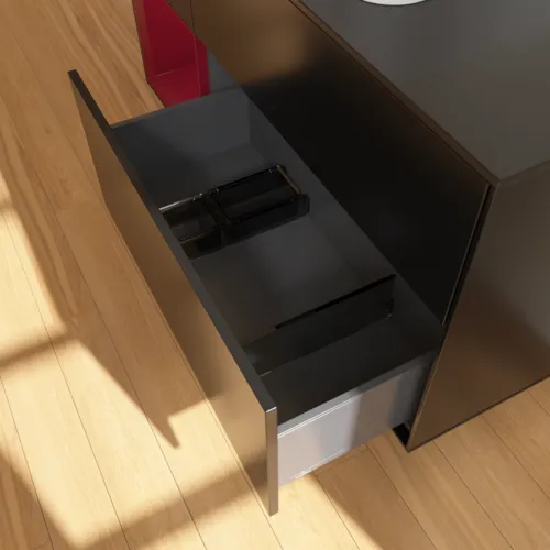 VILLEROY BOCH Toaletní skříňka Finion, s osvětlením, 3 výsuvy, 1200 x 603 x 501 mm, černý matný lak / pivoňkový matný lak / černé matné sklo #F412HBPD, obrázek 7