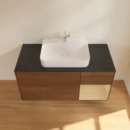 VILLEROY BOCH Toaletní skříňka Finion, s osvětlením, 3 výsuvy, 1200 x 603 x 501 mm, ořechová dýha / dubová dýha / sklo černé matné #F422PCGN, obrázek 4