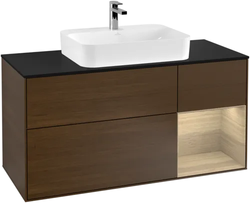 VILLEROY BOCH Toaletní skříňka Finion, s osvětlením, 3 výsuvy, 1200 x 603 x 501 mm, ořechová dýha / dubová dýha / sklo černé matné #F422PCGN