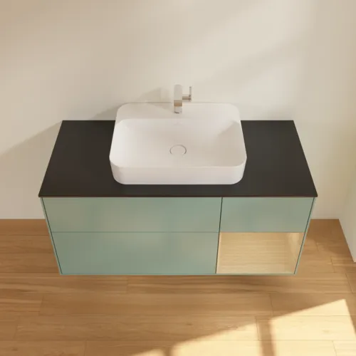 VILLEROY BOCH Toaletní skříňka Finion, s osvětlením, 3 výsuvy, 1200 x 603 x 501 mm, olivový matný lak / dubová dýha / sklo černé matné #F422PCGM, obrázek 4