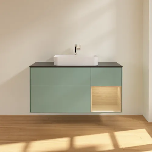VILLEROY BOCH Toaletní skříňka Finion, s osvětlením, 3 výsuvy, 1200 x 603 x 501 mm, olivový matný lak / dubová dýha / sklo černé matné #F422PCGM, obrázek 3