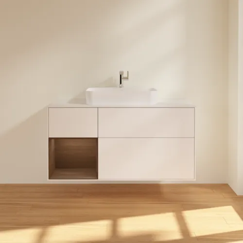 VILLEROY BOCH Toaletní skříňka Finion, s osvětlením, 3 výsuvy, 1200 x 603 x 501 mm, bílý matný lak / ořechová dýha / sklo bílé matné #F411GNMT, obrázek 3