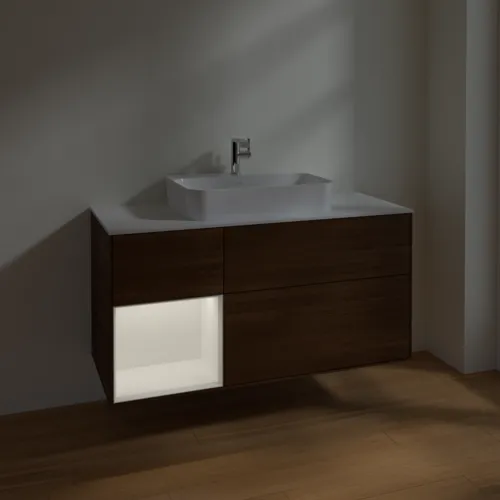 VILLEROY BOCH Toaletní skříňka Finion, s osvětlením, 3 výsuvy, 1200 x 603 x 501 mm, ořechová dýha / bílý matný lak / bílé matné sklo #F411MTGN, obrázek 5