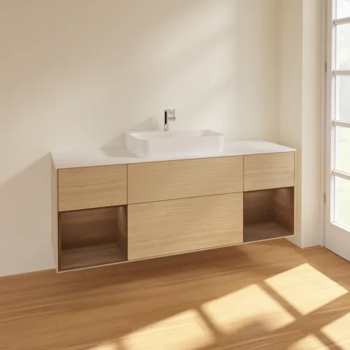 VILLEROY BOCH Toaletní skříňka Finion, s osvětlením, 4 výsuvy, 1600 x 603 x 501 mm, dubová dýha / ořechová dýha / sklo bílé matné #F451GNPC, obrázek 2