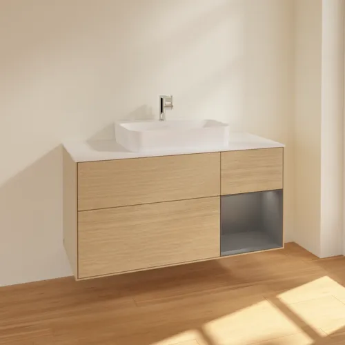 VILLEROY BOCH Toaletní skříňka Finion, s osvětlením, 3 výsuvy, 1200 x 603 x 501 mm, dubová dýha / antracitový matný lak / bílé matné sklo #F421GKPC, obrázek 2
