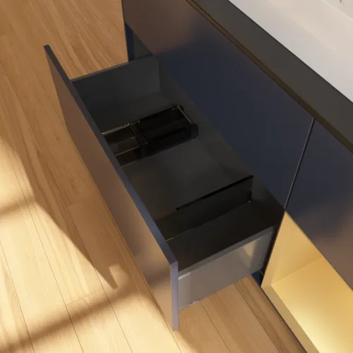 VILLEROY BOCH Toaletní skříňka Finion, s osvětlením, 3 výsuvy, 1200 x 603 x 501 mm, Midnight Blue Matt Lacquer / Gold Matt Lacquer / Glass Black Matt #F422HFHG, obrázek 7