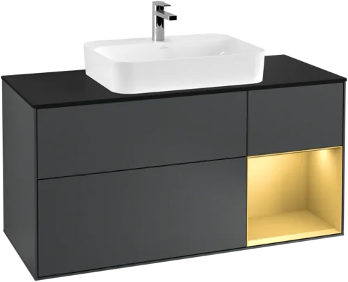 VILLEROY BOCH Toaletní skříňka Finion, s osvětlením, 3 výsuvy, 1200 x 603 x 501 mm, Midnight Blue Matt Lacquer / Gold Matt Lacquer / Glass Black Matt #F422HFHG