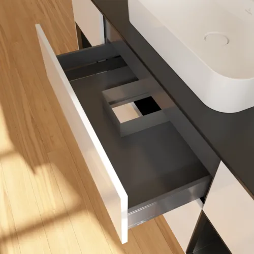 VILLEROY BOCH Toaletní skříňka Finion, s osvětlením, 4 výsuvy, 1600 x 603 x 501 mm, lesklý bílý lak / černý matný lak / černé matné sklo #F452PDGF, obrázek 4