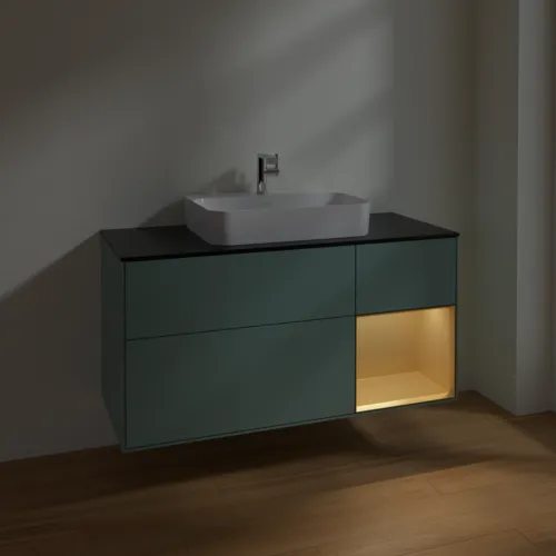 VILLEROY BOCH Toaletní skříňka Finion, s osvětlením, 3 výsuvy, 1200 x 603 x 501 mm, olivový matný lak / zlatý matný lak / černé matné sklo #F422HFGM, obrázek 5
