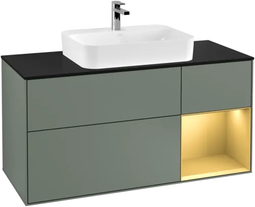 VILLEROY BOCH Toaletní skříňka Finion, s osvětlením, 3 výsuvy, 1200 x 603 x 501 mm, olivový matný lak / zlatý matný lak / černé matné sklo #F422HFGM, obrázek 1