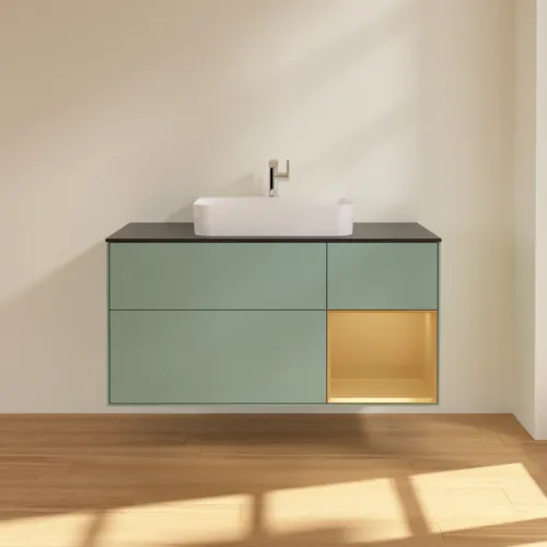 VILLEROY BOCH Toaletní skříňka Finion, s osvětlením, 3 výsuvy, 1200 x 603 x 501 mm, olivový matný lak / zlatý matný lak / černé matné sklo #F422HFGM, obrázek 3