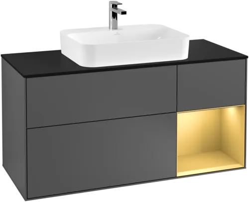 VILLEROY BOCH Toaletní skříňka Finion, s osvětlením, 3 výsuvy, 1200 x 603 x 501 mm, antracit matný lak / zlatý matný lak / černé matné sklo #F422HFGK, obrázek 1