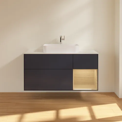 VILLEROY BOCH Toaletní skříňka Finion, s osvětlením, 3 výsuvy, 1200 x 603 x 501 mm, matný lak Midnight Blue / dubová dýha / matné bílé sklo #F421PCHG, obrázek 3
