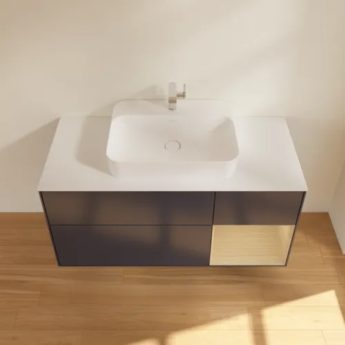 VILLEROY BOCH Toaletní skříňka Finion, s osvětlením, 3 výsuvy, 1200 x 603 x 501 mm, matný lak Midnight Blue / dubová dýha / matné bílé sklo #F421PCHG, obrázek 4