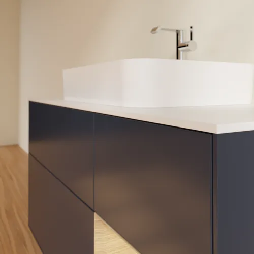 VILLEROY BOCH Toaletní skříňka Finion, s osvětlením, 3 výsuvy, 1200 x 603 x 501 mm, matný lak Midnight Blue / dubová dýha / matné bílé sklo #F421PCHG, obrázek 6