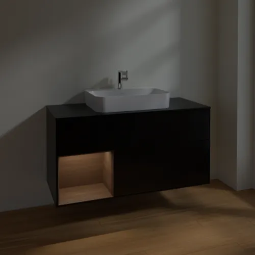 VILLEROY BOCH Toaletní skříňka Finion, s osvětlením, 3 výsuvy, 1200 x 603 x 501 mm, černý matný lak / ořechová dýha / černé matné sklo #F412GNPD, obrázek 5
