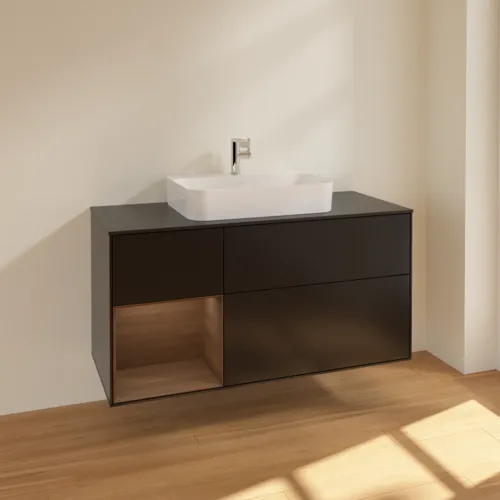 VILLEROY BOCH Toaletní skříňka Finion, s osvětlením, 3 výsuvy, 1200 x 603 x 501 mm, černý matný lak / ořechová dýha / černé matné sklo #F412GNPD, obrázek 2