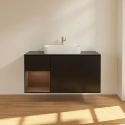 VILLEROY BOCH Toaletní skříňka Finion, s osvětlením, 3 výsuvy, 1200 x 603 x 501 mm, černý matný lak / ořechová dýha / černé matné sklo #F412GNPD, obrázek 3