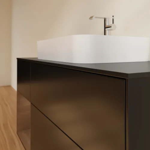 VILLEROY BOCH Toaletní skříňka Finion, s osvětlením, 3 výsuvy, 1200 x 603 x 501 mm, černý matný lak / ořechová dýha / černé matné sklo #F412GNPD, obrázek 6