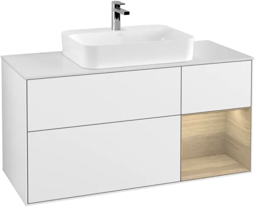 VILLEROY BOCH Toaletní skříňka Finion, s osvětlením, 3 výsuvy, 1200 x 603 x 501 mm, lesklý bílý lak / dubová dýha / sklo bílé matné #F421PCGF