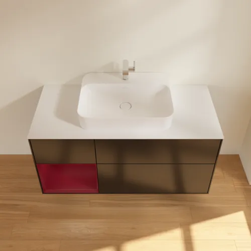 VILLEROY BOCH Toaletní skříňka Finion, s osvětlením, 3 výsuvy, 1200 x 603 x 501 mm, černý matný lak / pivoňkový matný lak / bílé matné sklo #F411HBPD, obrázek 4