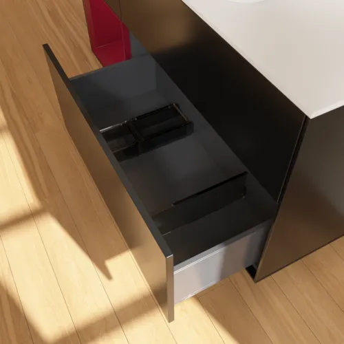 VILLEROY BOCH Toaletní skříňka Finion, s osvětlením, 3 výsuvy, 1200 x 603 x 501 mm, černý matný lak / pivoňkový matný lak / bílé matné sklo #F411HBPD, obrázek 7