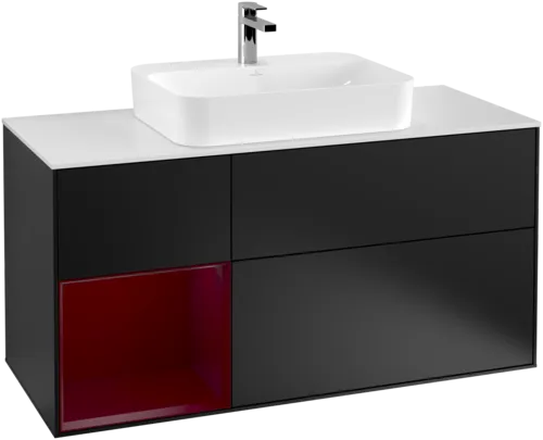 VILLEROY BOCH Toaletní skříňka Finion, s osvětlením, 3 výsuvy, 1200 x 603 x 501 mm, černý matný lak / pivoňkový matný lak / bílé matné sklo #F411HBPD