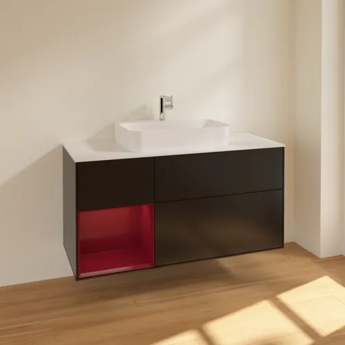 VILLEROY BOCH Toaletní skříňka Finion, s osvětlením, 3 výsuvy, 1200 x 603 x 501 mm, černý matný lak / pivoňkový matný lak / bílé matné sklo #F411HBPD, obrázek 2