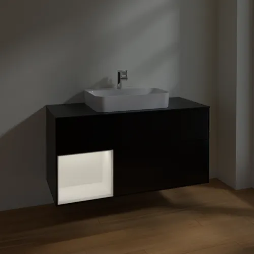 VILLEROY BOCH Toaletní skříňka Finion, s osvětlením, 3 výsuvy, 1200 x 603 x 501 mm, černý matný lak / bílý matný lak / černé matné sklo #F412MTPD, obrázek 5