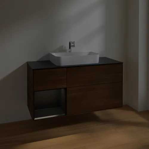 VILLEROY BOCH Toaletní skříňka Finion, s osvětlením, 3 výsuvy, 1200 x 603 x 501 mm, ořechová dýha / černý matný lak / černé matné sklo #F412PDGN, obrázek 5