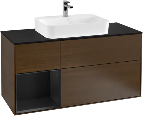 VILLEROY BOCH Toaletní skříňka Finion, s osvětlením, 3 výsuvy, 1200 x 603 x 501 mm, ořechová dýha / černý matný lak / černé matné sklo #F412PDGN, obrázek 1