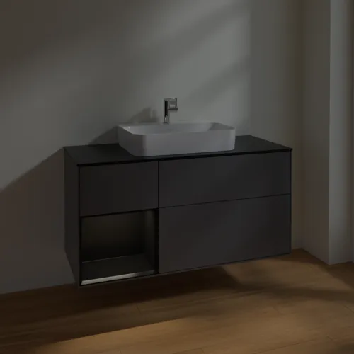 VILLEROY BOCH Toaletní skříňka Finion, s osvětlením, 3 výsuvy, 1200 x 603 x 501 mm, antracitový matný lak / černý matný lak / černé matné sklo #F412PDGK, obrázek 5