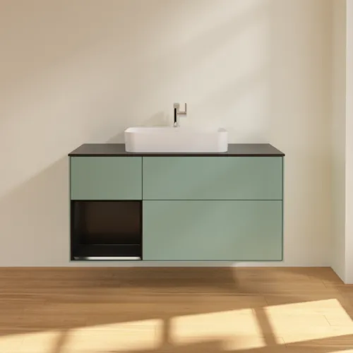 VILLEROY BOCH Toaletní skříňka Finion, s osvětlením, 3 výsuvy, 1200 x 603 x 501 mm, olivový matný lak / černý matný lak / černé matné sklo #F412PDGM, obrázek 3