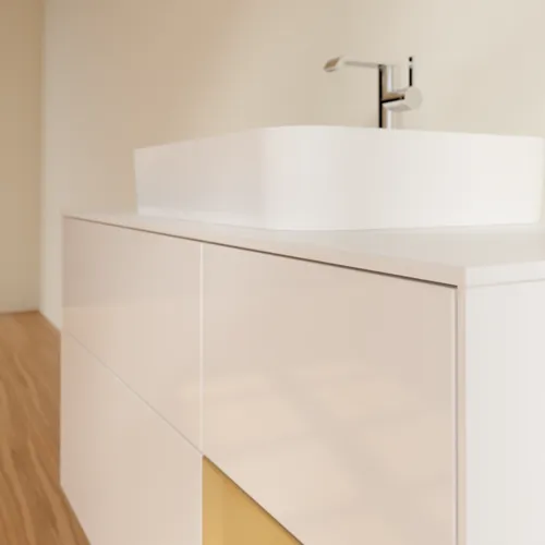 VILLEROY BOCH Toaletní skříňka Finion, s osvětlením, 3 výsuvy, 1200 x 603 x 501 mm, lesklý bílý lak / zlatý matný lak / bílé matné sklo #F421HFGF, obrázek 6