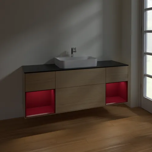 VILLEROY BOCH Toaletní skříňka Finion, s osvětlením, 4 výsuvy, 1600 x 603 x 501 mm, dubová dýha / matný lak Pivoňka / matné černé sklo #F452HBPC, obrázek 2