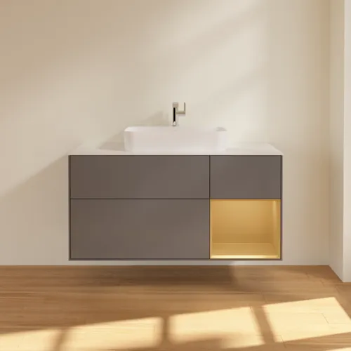 VILLEROY BOCH Toaletní skříňka Finion, s osvětlením, 3 výsuvy, 1200 x 603 x 501 mm, antracitový matný lak / zlatý matný lak / bílé matné sklo #F421HFGK, obrázek 3