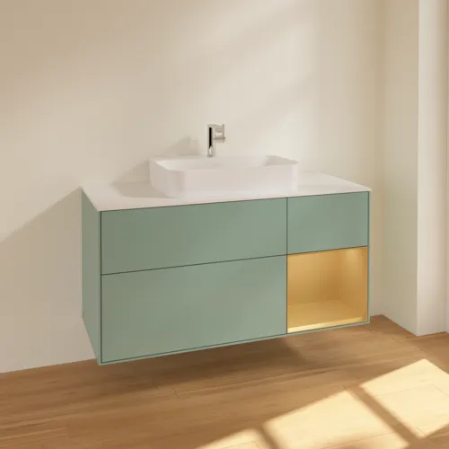 VILLEROY BOCH Toaletní skříňka Finion, s osvětlením, 3 výsuvy, 1200 x 603 x 501 mm, olivový matný lak / zlatý matný lak / bílé matné sklo #F421HFGM, obrázek 2