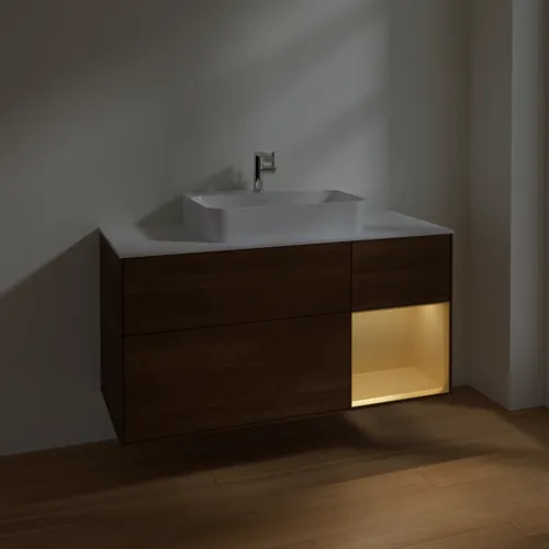 VILLEROY BOCH Toaletní skříňka Finion, s osvětlením, 3 výsuvy, 1200 x 603 x 501 mm, ořechová dýha / zlatý matný lak / sklo bílé matné #F421HFGN, obrázek 5