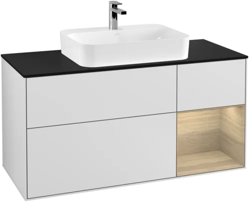 VILLEROY BOCH Toaletní skříňka Finion, s osvětlením, 3 výsuvy, 1200 x 603 x 501 mm, bílý matný lak / dubová dýha / černé matné sklo #F422PCMT, obrázek 1