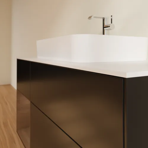 VILLEROY BOCH Toaletní skříňka Finion, s osvětlením, 3 výsuvy, 1200 x 603 x 501 mm, černý matný lak / ořechová dýha / bílé matné sklo #F411GNPD, obrázek 6